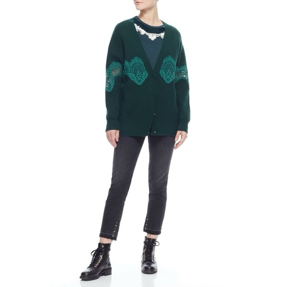 Sandro green knit wool oversized cardigan with inset lace size FR 2 - Picture 13 of 14